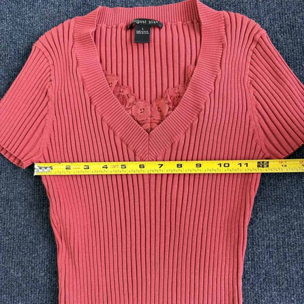 August Silk Sweater Womens Large Pink V Neck Lace Trim Ribbed Knit Short Sleeve - Picture 5 of 7